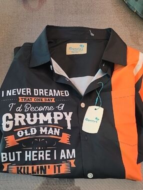 Aura Black and Orange Casual Button-Down Shirt with Graphic Text